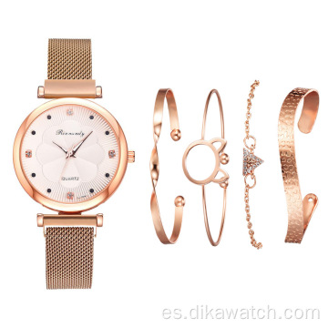 5 piezas de reloj de moda para mujer, conjunto de regalo, pulsera fina de oro rosa, conjuntos de relojes de cuarzo para niñas, reloj de pulsera informal de malla de acero inoxidable